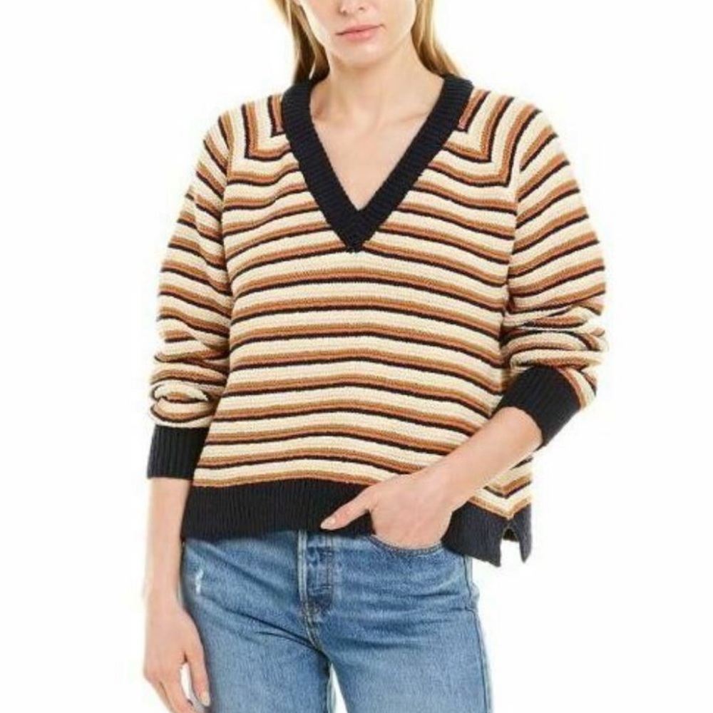 MADEWELL Arden cotton v-neck long-sleeved boxy fit striped sweater, size M.